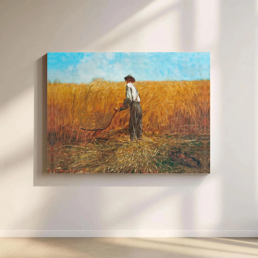 Farmer Harvesting Wheat Canvas Art | Vintage Scythe Field Landscape | Premium Gallery Wrap 1.25" Frame | Rustic Farmhouse Wall Decor
