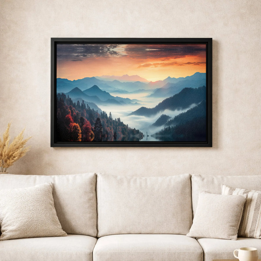 Misty Mountain Landscape Canvas Print | Autumn Forest Sunrise Wall Art | Premium 1.25-Inch Gallery Wrap | Modern Nature Decor for Living Room
