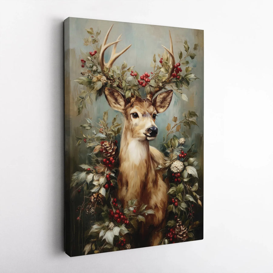Christmas Deer Canvas Wall Art | Festive Woodland Animal Portrait with Berries | Premium Gallery Wrap Print | Holiday Home Decor Gift
