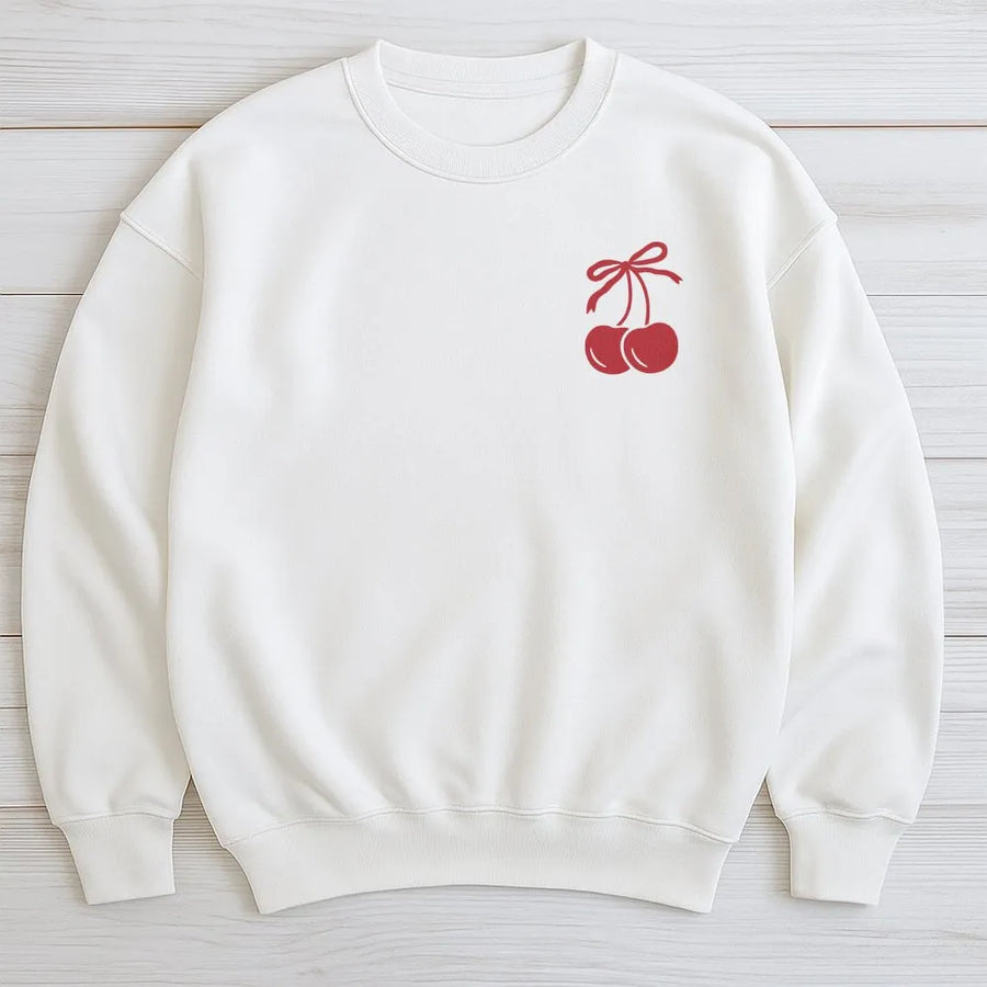 Cherry Bow Sweatshirt | Minimalist Aesthetic Fruit Graphic | Premium Cotton Blend Crewneck | Cute Coquette Style Gift For Her
