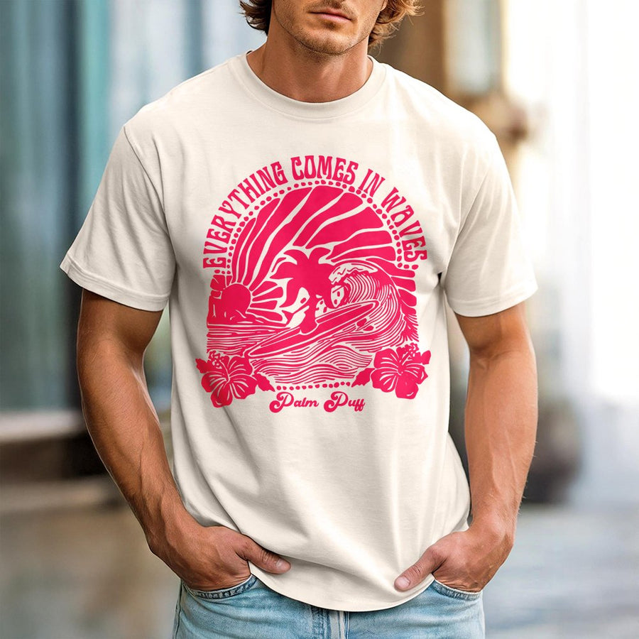 Surfer Beach T-Shirt | Everything Comes In Waves Graphic Tee | 100% Cotton Premium Quality | Preppy Aesthetic Gift for Women and Teen Girls
