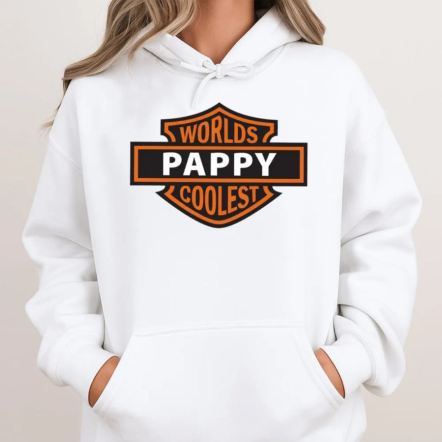 Worlds Coolest Pappy Hoodie | Motorcycle Shield Graphic Design | Premium Cotton Blend | Funny Gift for Grandfather Birthday or Father's Day 2026