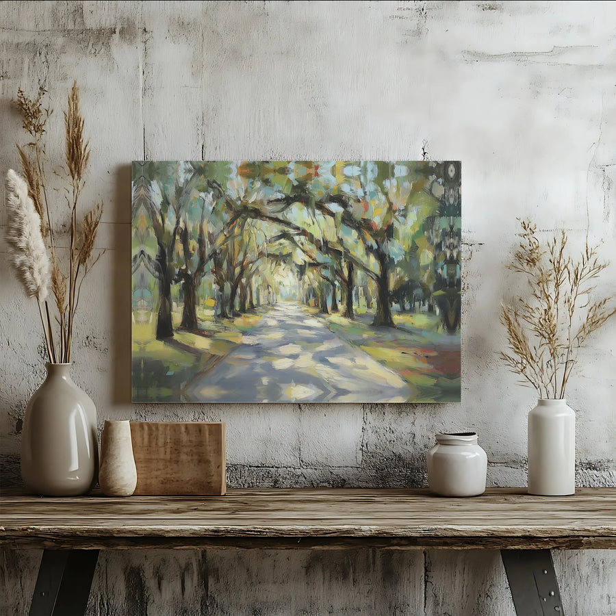 Avenue Of Oaks Canvas Art | Impressionist Tree-Lined Road Wall Decor | Premium Gallery Wrap Print | Nature Inspired Home Office Gift