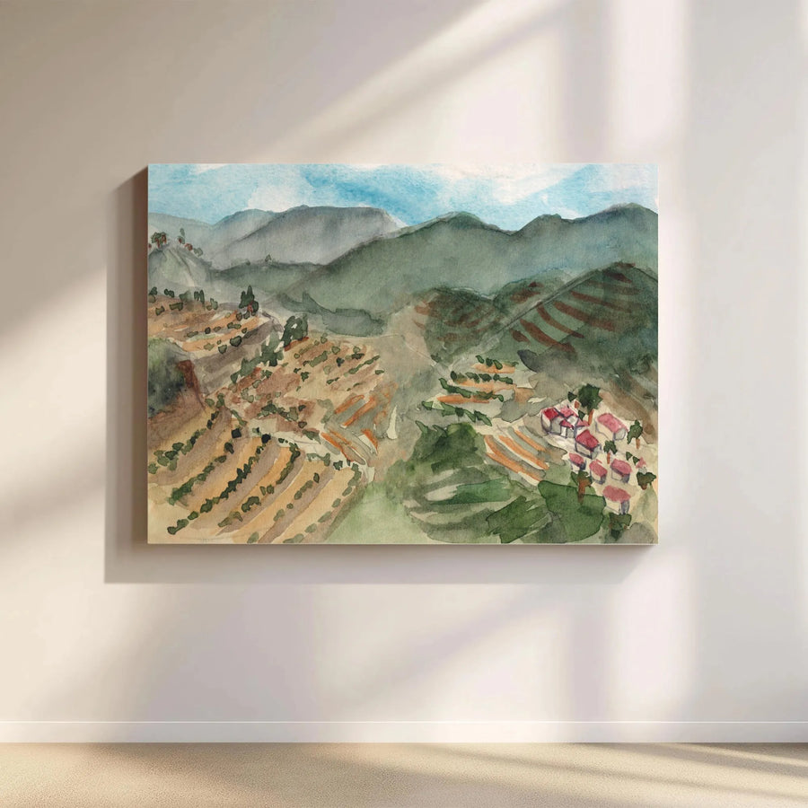 Watercolor Mountain Landscape Canvas | Terraced Hills Village Print | Gallery Quality 1.25-Inch Profile | Nature Wall Art Gift for Home Decor