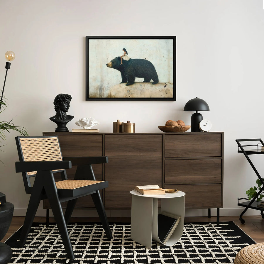 Girl Riding Black Bear Canvas Art | Whimsical Forest Fantasy Wall Decor | Premium 1.25-Inch Gallery Wrap | Surreal Wildlife Fine Art Gift