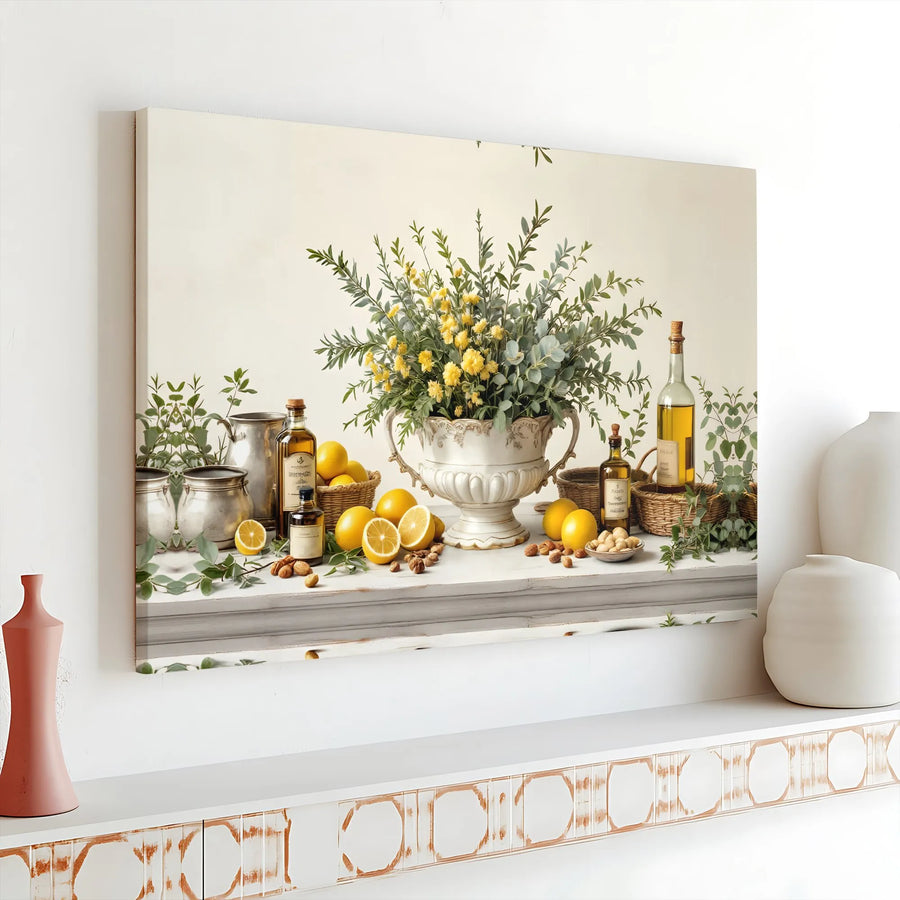 Lemon and Floral Still Life Canvas Print | Rustic Mediterranean Kitchen Art | Premium Fade-Resistant Print | Farmhouse Kitchen Wall Decor Gift