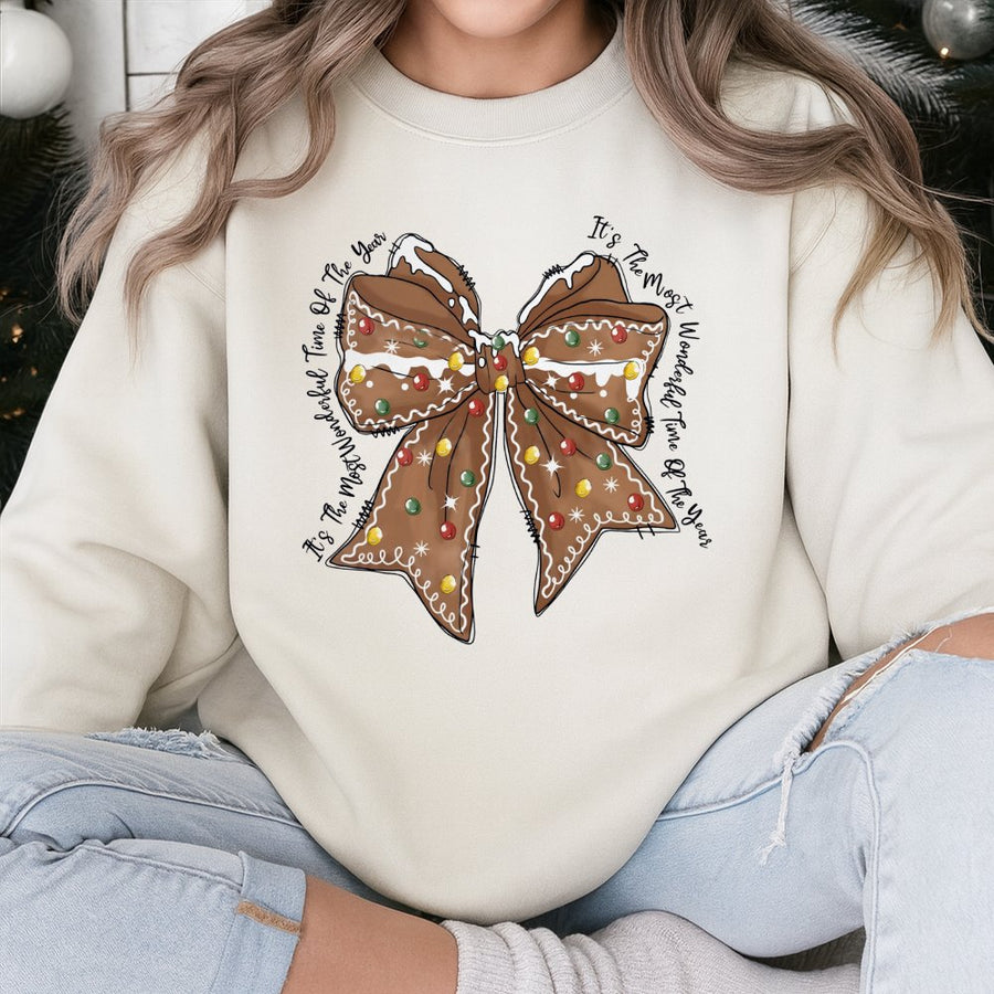 Gingerbread Bow Christmas Sweatshirt | Coquette Aesthetic Cookie Print | Premium Cotton Blend Crewneck | Festive Holiday Gift for Women