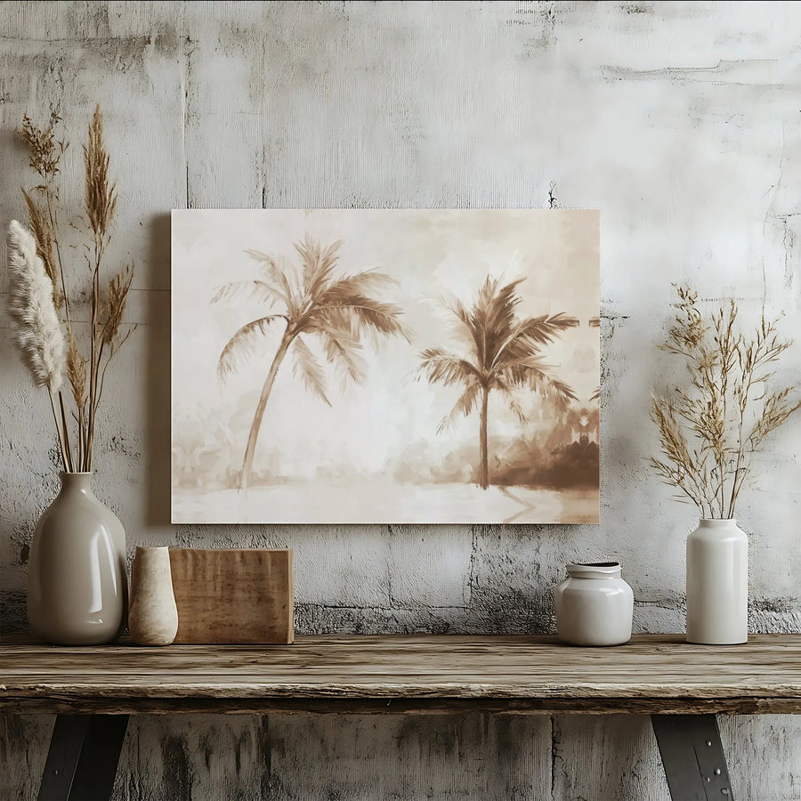 Palm Tree Canvas Wall Art | Sepia Abstract Tropical Landscape | 1.25 Inch Gallery Wrap | Modern Coastal Home Decor Gift
