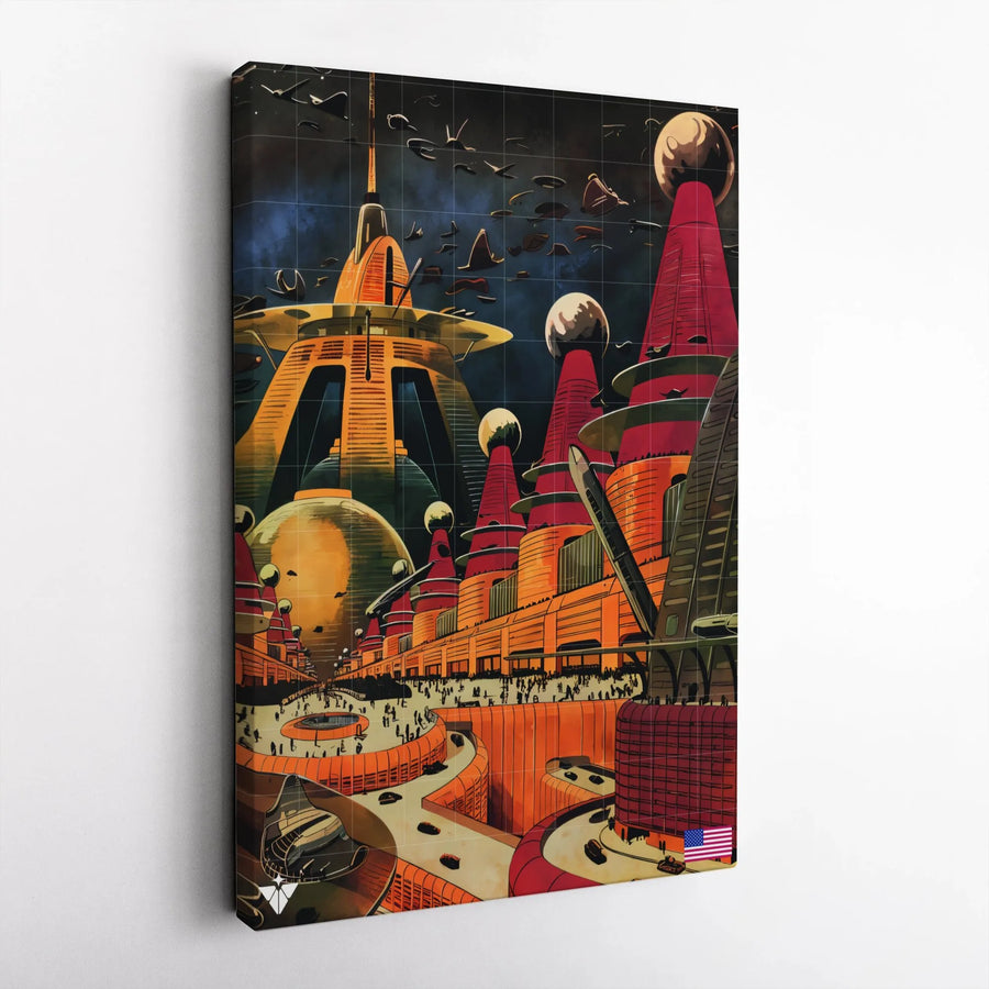Retro Futuristic City Canvas Print | Atompunk Metropolis Illustration | Premium 1.25" Thick Canvas | Collector's Gift for Sci-Fi Fan