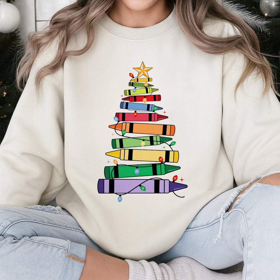 Christmas Teacher Sweatshirt | Crayon Tree Holiday Graphic | Premium Cotton Blend | Funny Educator Gift for Winter Classroom