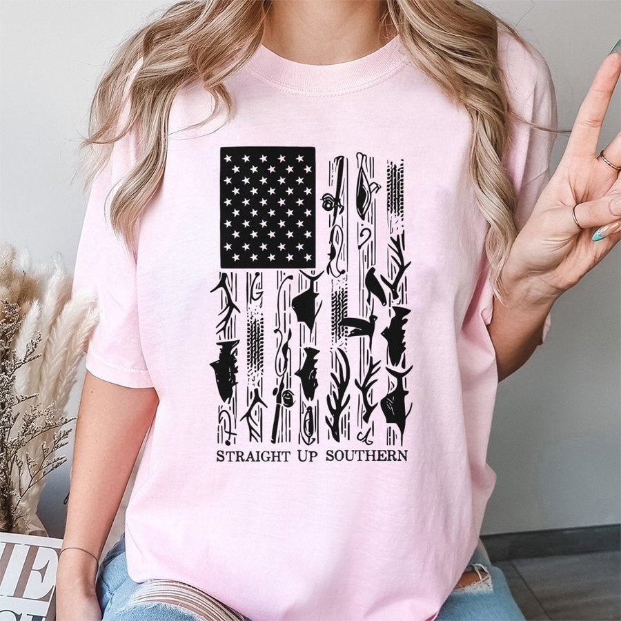 American Flag Hunting Fishing T-Shirt | Southern Outdoors Graphic Tee | 100% Cotton Premium Quality | Gift for Outdoorsmen and Country Folk