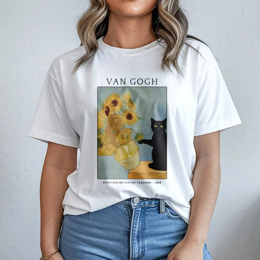 Van Gogh Cat T-Shirt | Sunflower Painting Art Graphic Tee | 100% Cotton Premium Quality | Funny Black Cat Gift for Art Lovers