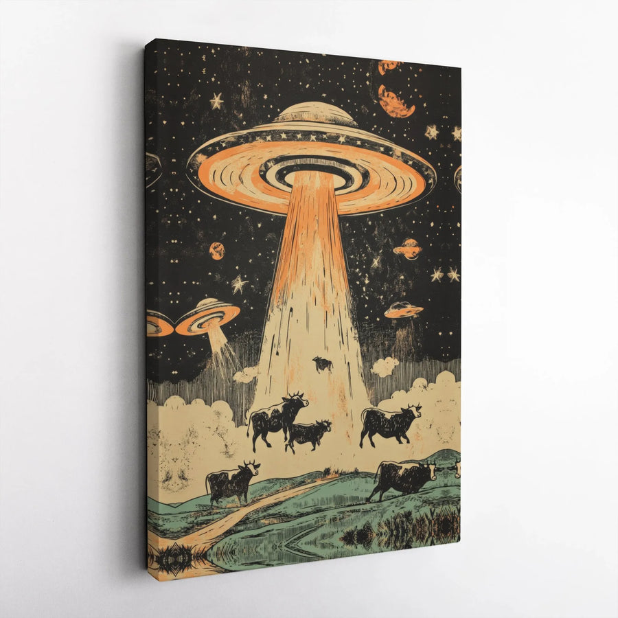 UFO Alien Abduction Canvas Art | Vintage Cow Sci-Fi Wall Decor | 1.25-Inch Premium Gallery Wrap | Unique Space Enthusiast Gift