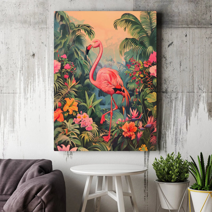 Pink Flamingo Wall Art | Tropical Jungle Canvas Print | Premium Fade-Resistant Decor | Botanical Home Living Room Gift