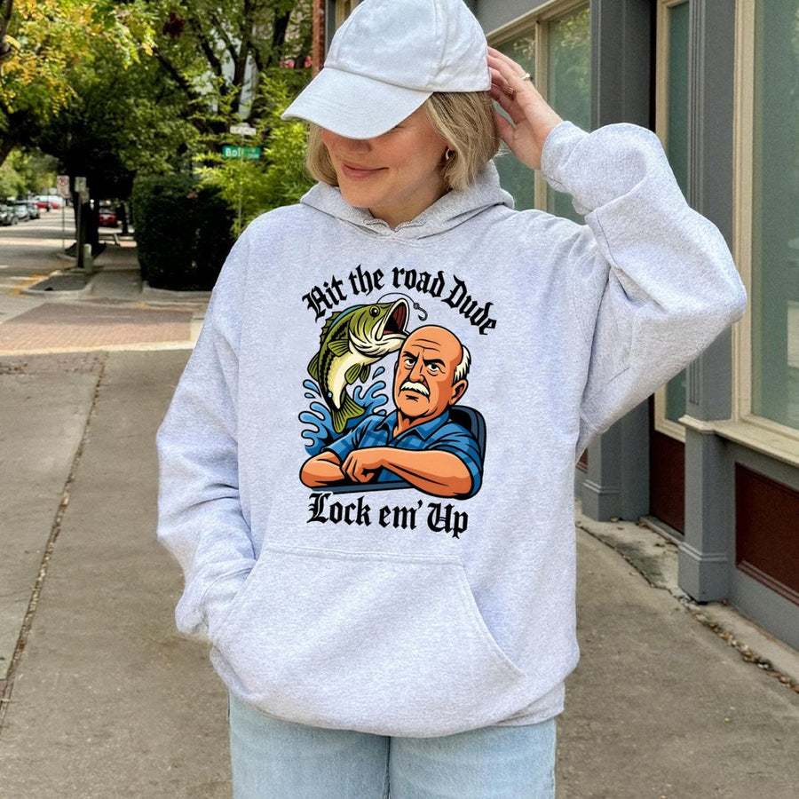 Fishing Hoodie | Hit The Road Dude Bass Fisherman Graphic | Premium Cotton Blend | Funny Gift For Dad And Angler Men