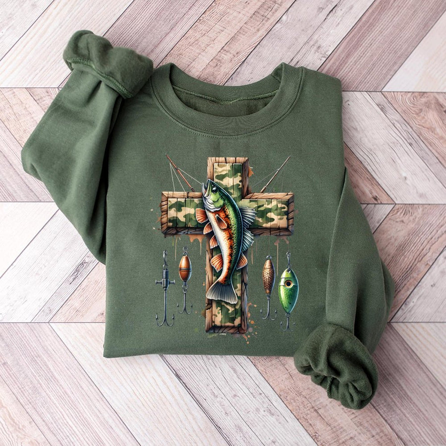 Fishing Cross Sweatshirt | Camo Faith Graphic Print | Premium Cotton Blend Unisex Crewneck | Religious Outdoor Gift for Dad Fishermen