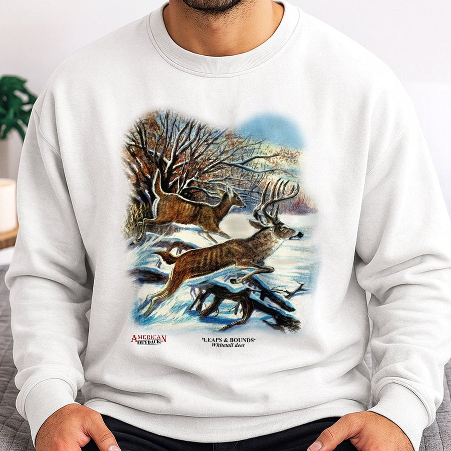 Whitetail Deer Sweatshirt | Vintage Style Leaps and Bounds Graphic | Premium Cotton Blend Crewneck | Wildlife Lover Gift for Men and Women