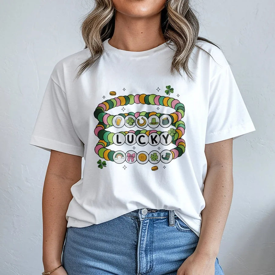 Lucky St. Patricks Day T-Shirt | Coquette Friendship Bracelet Design | Premium 100% Cotton | Festive Irish Holiday Gift For Women