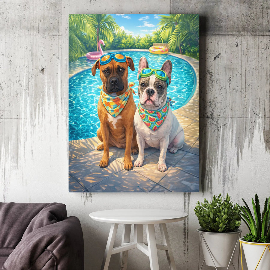 Funny Dogs Pool Party Canvas | French Bulldog & Boxer with Goggles | Thick Gallery Wrap Canvas | Premium Gift for Dog Lovers