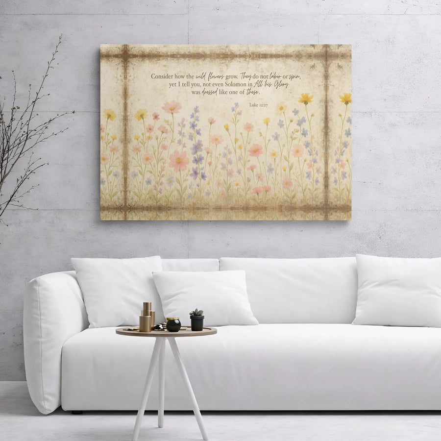 Luke 12:27 Bible Verse Wall Art | Consider How The Wildflowers Grow Watercolor Canvas | Premium 1.25" Gallery Wrap | Religious Home Decor Gift