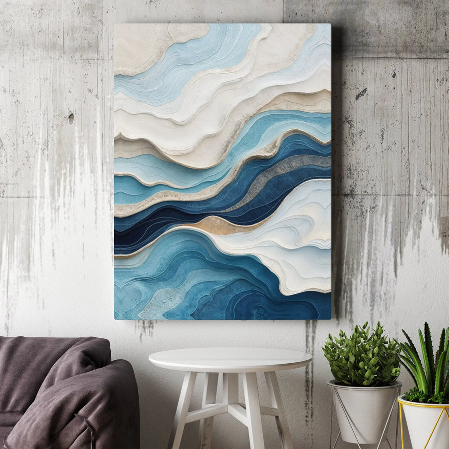 Abstract Blue Waves Canvas Art | Layered Coastal Topography Print | Premium Frameless Canvas | Modern Wall Decor for Living Room Gift