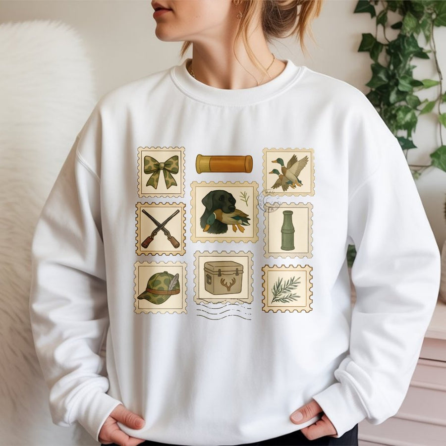 Duck Hunting Sweatshirt | Preppy Coquette Stamp Collage Design | Soft Cotton Blend Unisex Pullover | Outdoor Sports Lifestyle Gift for Her