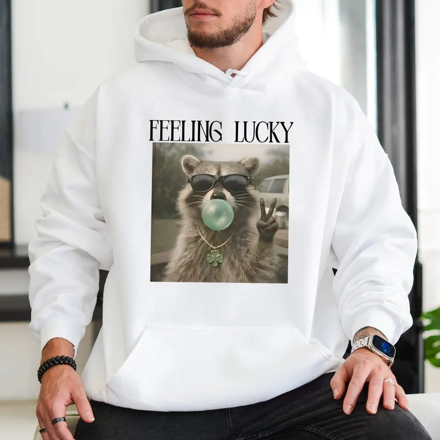 Feeling Lucky Raccoon Hoodie | Funny St. Patrick's Day Sweatshirt | Soft Cotton-Poly Blend | Cute Irish Party Gift for Men and Women