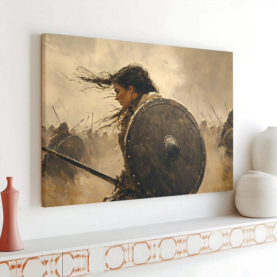 Viking Shieldmaiden Canvas Wall Art | Epic Norse Battle Scene Print | Premium Gallery Wrapped Canvas | Mythology Decor Gift for Him