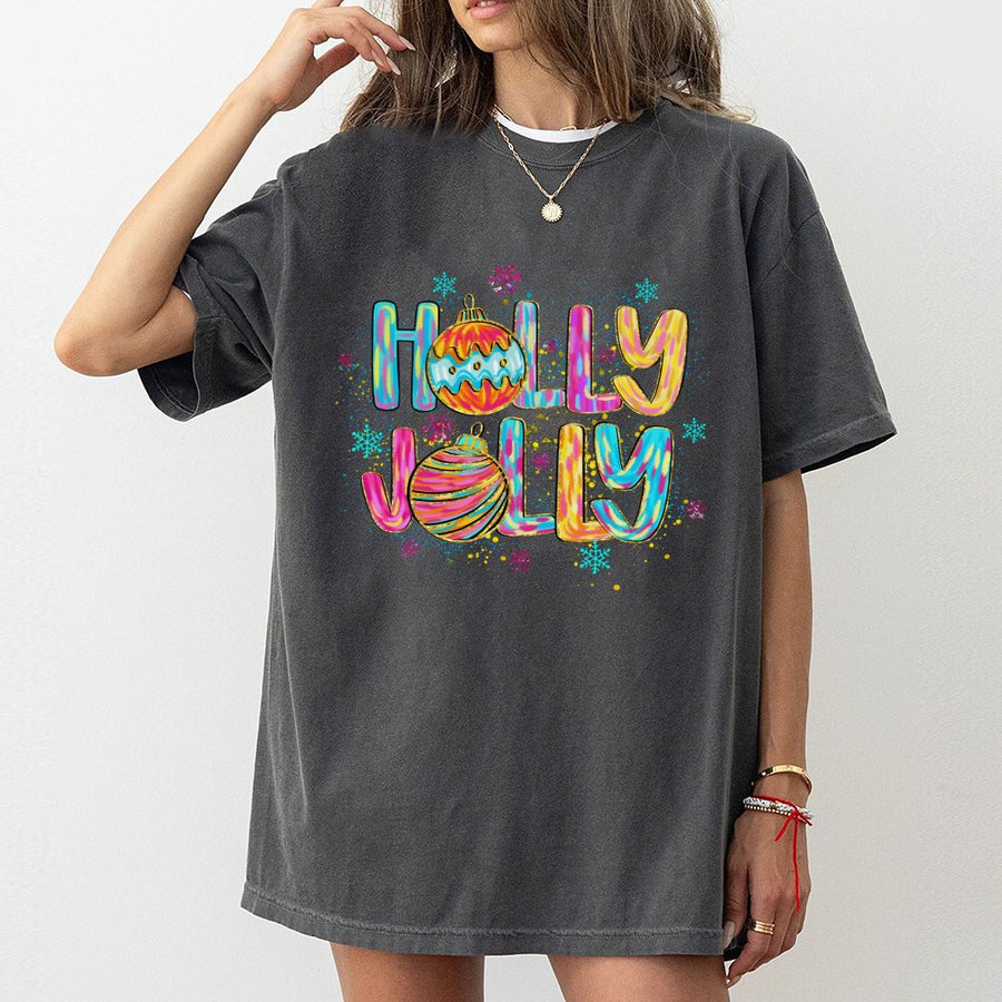 Holly Jolly Christmas T-Shirt | Retro Colorful Ornament Graphic | Premium 100% Cotton Tee | Festive Holiday Gift for Women & Teens