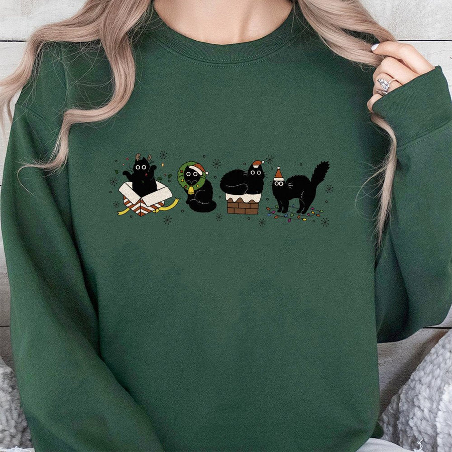 Christmas Black Cat Sweatshirt | Cute Festive Kitten Holiday Graphic | Soft Cotton-Poly Blend | Cozy Cat Lover Gift for Women and Men