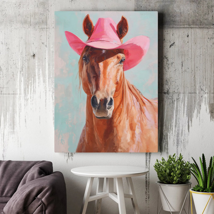 Pink Cowgirl Horse Canvas Wall Art | Horse in Pink Cowboy Hat Painting | Premium Canvas Print | Western Home Decor Gift for Her