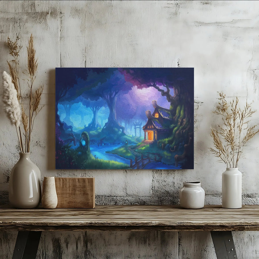 Enchanted Forest Wall Art | Magical Glowing Cottage Canvas Print | Premium Gallery Wrapped Decor | Fantasy Landscape Gift for Home Office