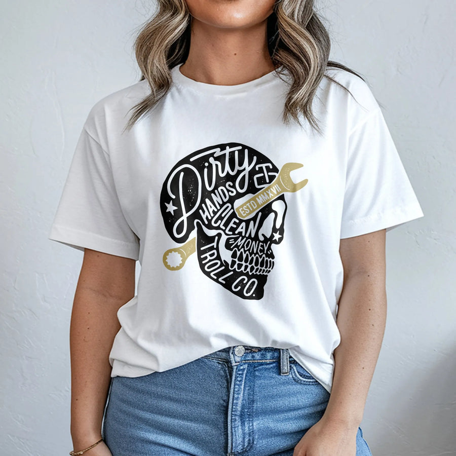 Dirty Hands Clean Money T-Shirt | Mechanic Skull Wrench Graphic Print | Premium Soft Cotton Tee | Perfect Gift For Dad, Blue Collar Worker