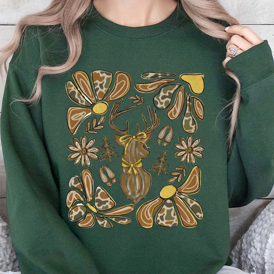Camo Deer Bow Sweatshirt | Preppy Boho Hunter Graphic | Premium Cotton Blend Crewneck | Fall Hunting Season Gift for Women
