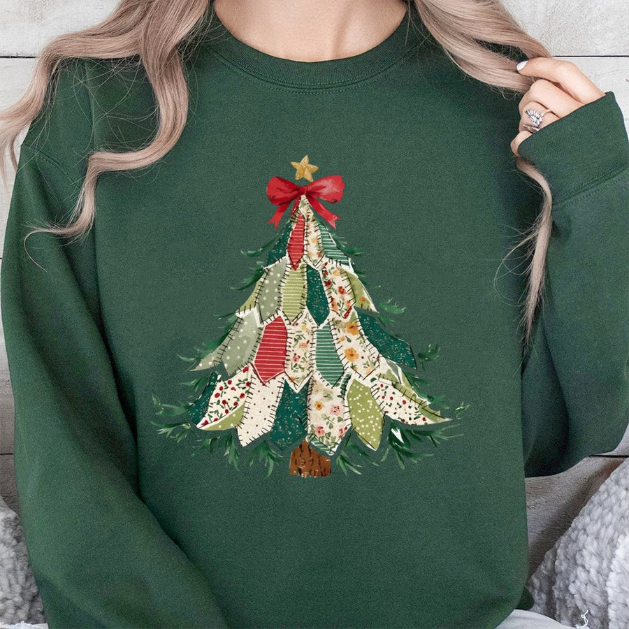 Christmas Patchwork Tree Sweatshirt | Vintage Quilt Style Design | Premium Cotton-Poly Blend | Cozy Holiday Gift for Women and Men