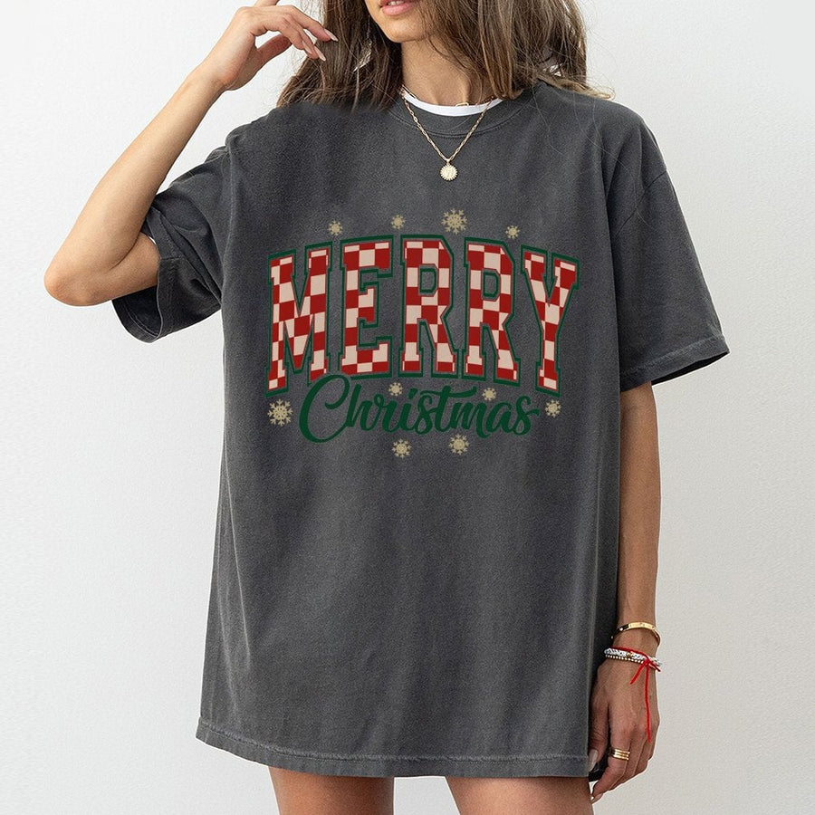 Merry Christmas T-Shirt | Retro Checkered Varsity Font | 100% Cotton Premium Tee | Festive Holiday Party Gift for Women and Family