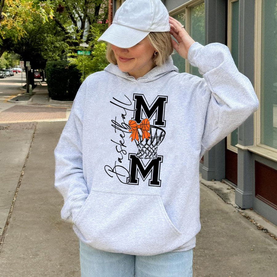 Basketball Mom Hoodie | Coquette Bow Basketball Hoop Design | Cotton-Blend Premium Apparel | Cute Game Day Outfit For Basketball Mamas