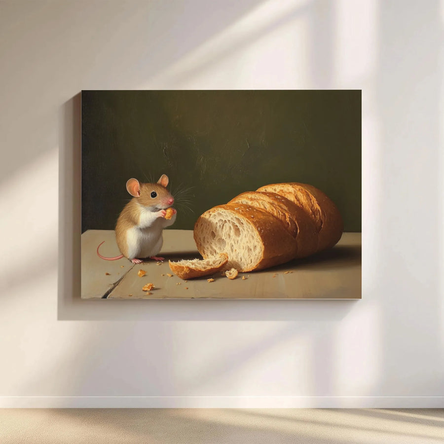 Mouse and Bread Canvas Wall Art | Vintage Oil Painting Style Still Life | Premium Gallery Wrapped Print | Whimsical Cottagecore Kitchen Decor Gift