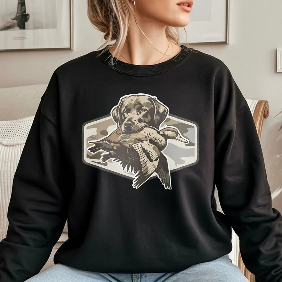 Labrador Retriever Duck Hunting Sweatshirt | Camo Waterfowl Dog Graphic | Premium Cotton Blend | Gift for Outdoor Sportsman and Hunters