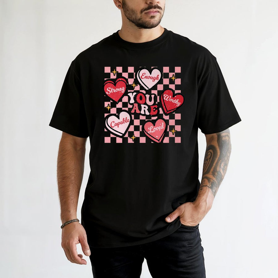 You Are Enough T-Shirt | Retro Checkerboard Heart Design | 100% Premium Cotton | Positive Affirmation Gift for Women and Teachers