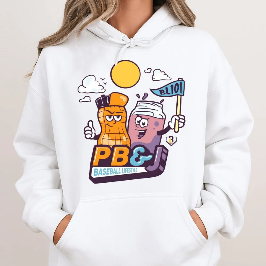 Funny PB&J Baseball Hoodie | Cartoon Peanut & Jelly Graphic | Soft Cotton Unisex Tee | Gift for Baseball Lover and Softball Fans