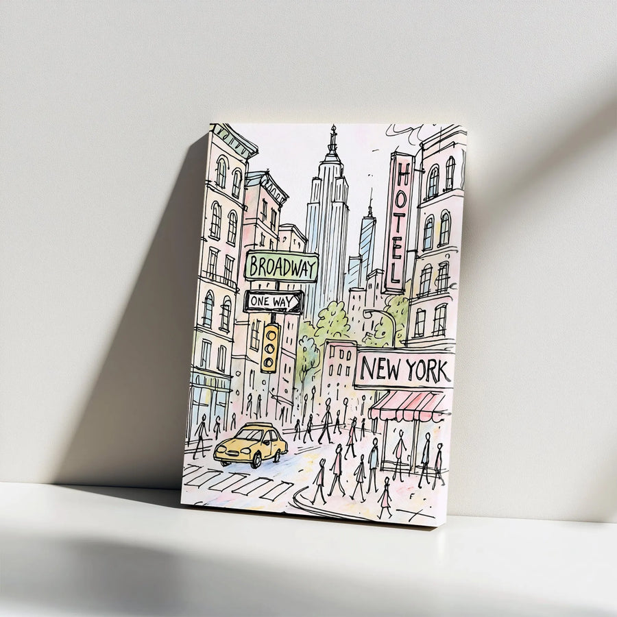 New York City Canvas Art | Hand-Drawn Broadway Street Doodle | Premium 1.25-Inch Gallery Wrap | NYC Wall Decor Gift for Travel Lovers