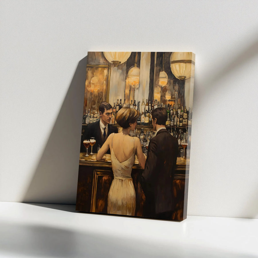 Vintage Bar Scene Canvas Art | Elegant Couple at Nightclub Oil Painting Style | Premium Gallery Wrap Wall Decor | Sophisticated Home Office Gift