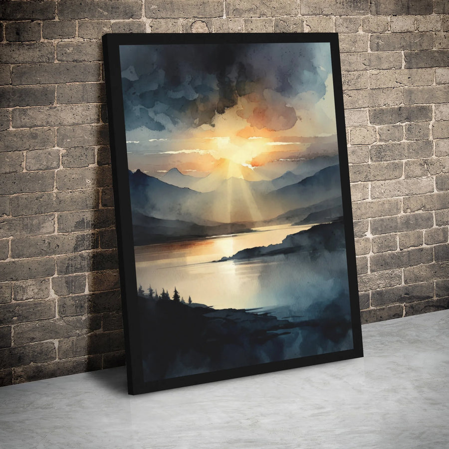 Mountain Lake Sunset Canvas Wall Art | Watercolor Nature Landscape Print | 1.25-Inch Gallery Wrap | Premium Home Decor Gift