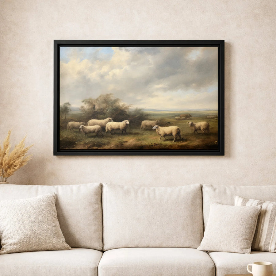 Sheep Landscape Canvas Print | Vintage Pastoral Farmhouse Wall Art | Premium Fade-Resistant Gallery Wrap | Rustic Home Decor Gift