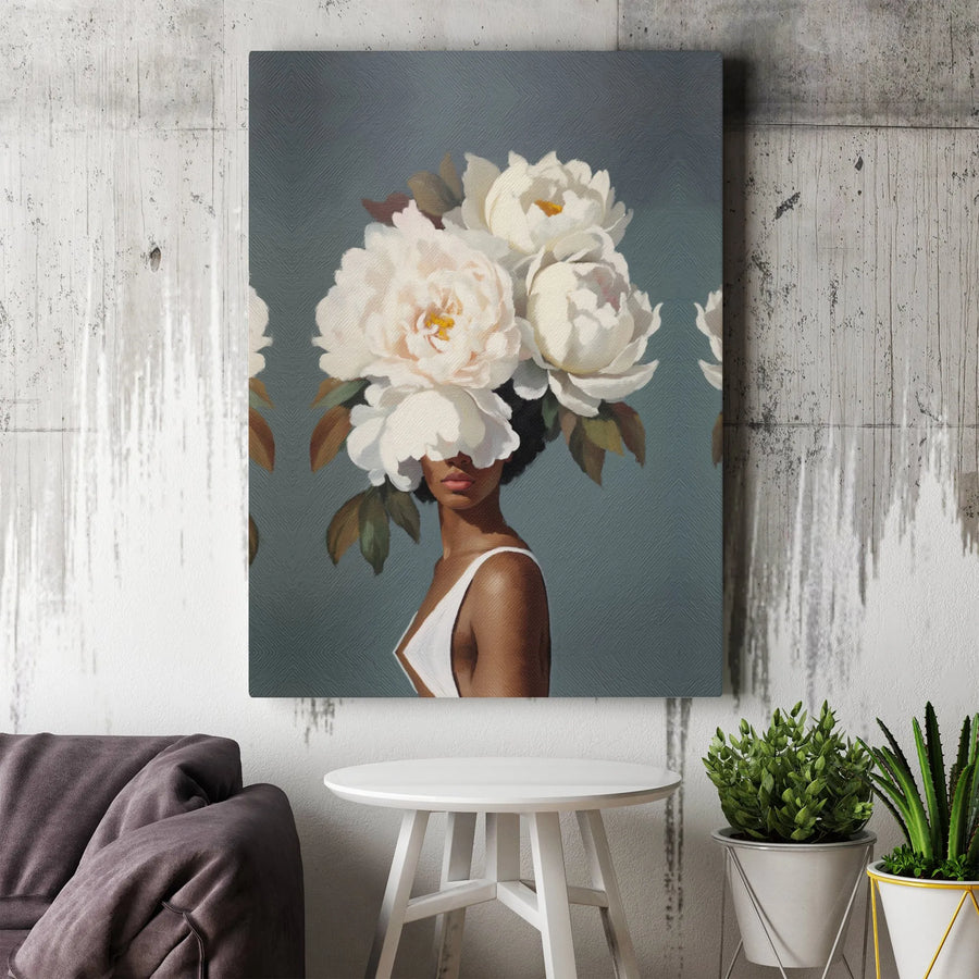 Black Woman Floral Canvas Print | Abstract Peony Head Portrait | Premium Gallery Wrapped Wall Art | Modern Botanical Home Decor Gift
