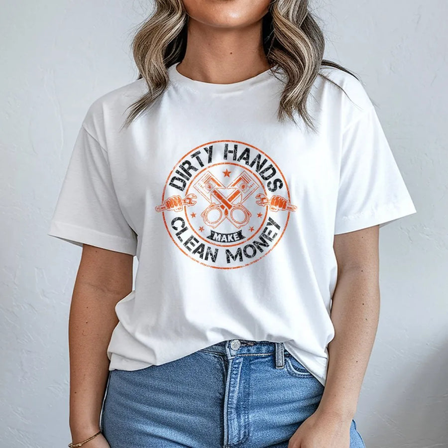 Dirty Hands Make Clean Money T-Shirt | Distressed Mechanic Piston Graphic | Premium Cotton Workwear | Blue Collar Gift For Dad Or Husband
