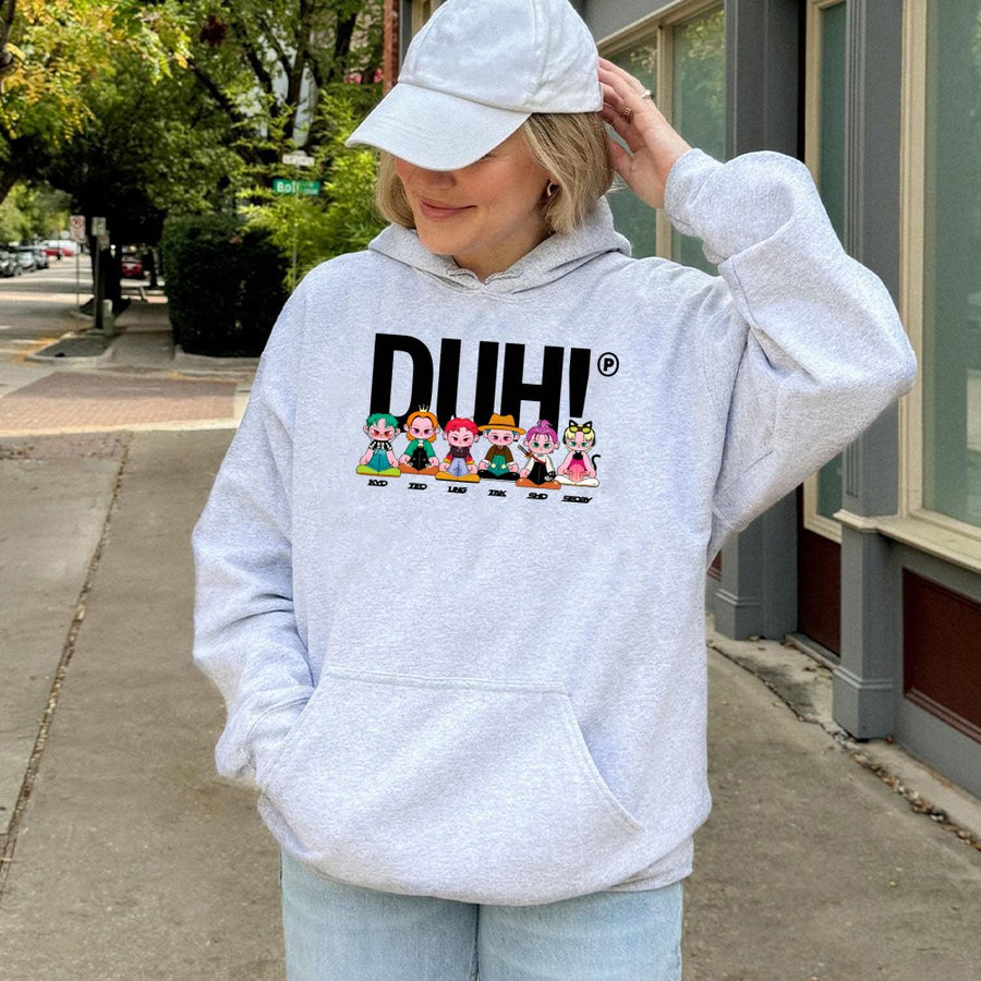 Duh K-Pop Fan Hoodie | Cute Cartoon Member Graphic Print | Premium Cotton-Blend Pullover | Aesthetic Concert Outfit Gift For Stan