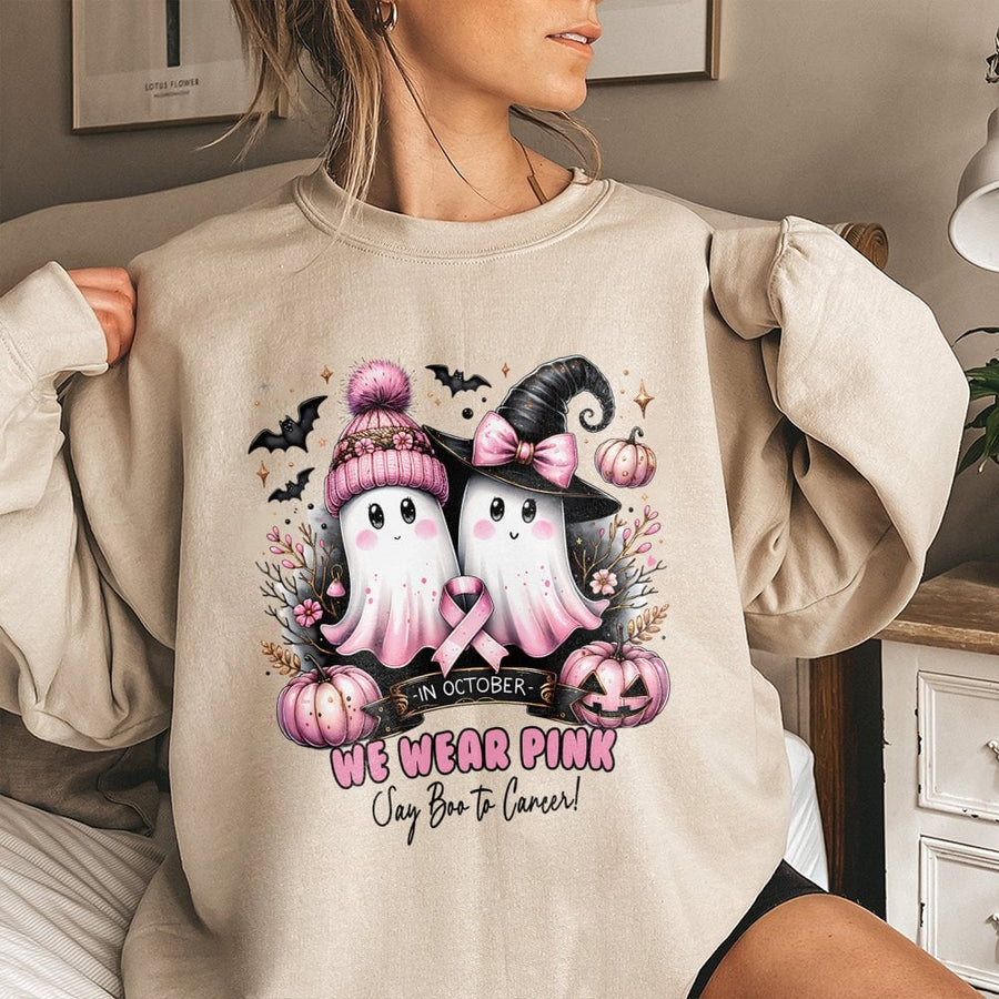 Breast Cancer Awareness Sweatshirt | Halloween Ghost Design | Soft Cotton Blend | Pink Ribbon Gift for Survivors and Supporters