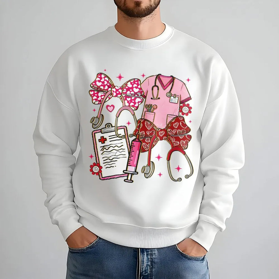 Nurse Valentine Sweatshirt | Coquette Bow Stethoscope Design | Premium Cotton Blend Crewneck | Gift for Nurses and Healthcare Workers